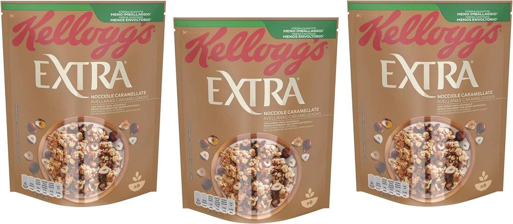 3x Kellogg's Extra Nocciole Caramellate Knusprige Haferflocken mit Karamellisierte Haselnüsse 100% Vollkorn 375g-Packung