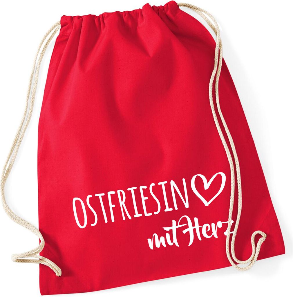 Huuraa Turnbeutel Ostfriesin mit Herz 12 Liter Classic Red Baumwolle Rucksack Geschenkidee