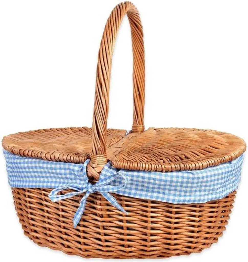 Grand panier à pique-nique en osier avec doublure en tissu vichy rouge