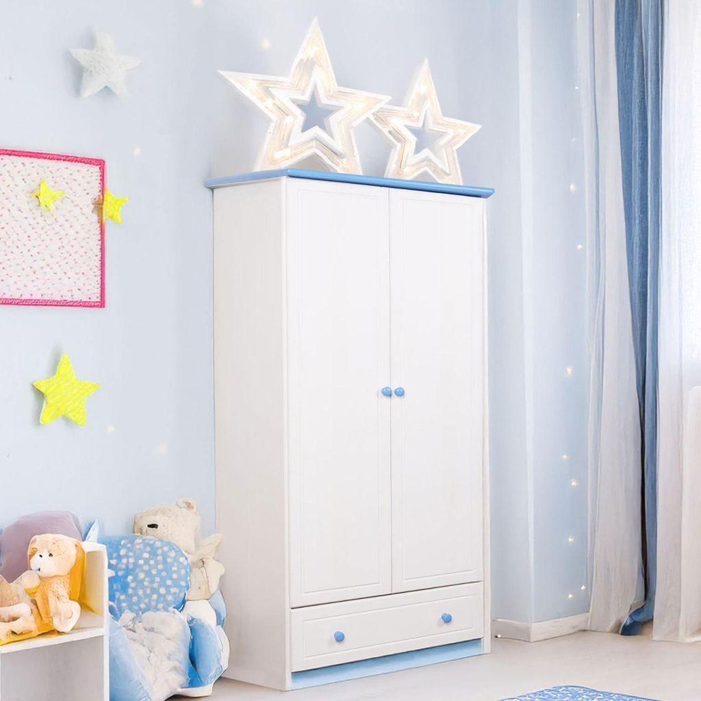 Massivholz-Kleiderschrank Kiefer, Farbe: Weiß / Blau 160x90x60 cm