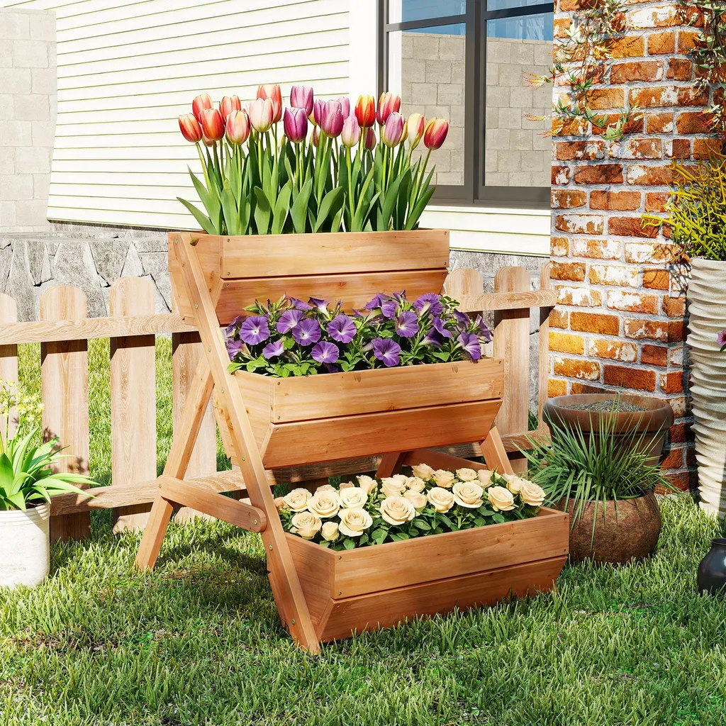 Potager vertical bois 3 étages pour herbes aromatiques - Bac 66 L - 3