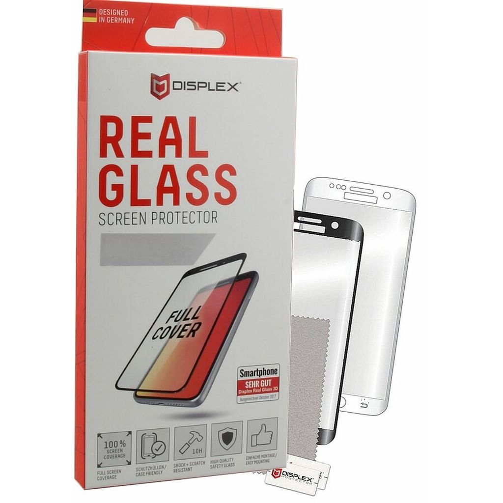 A product box for a screen protector with a depiction of the screen protector and a smartphone.