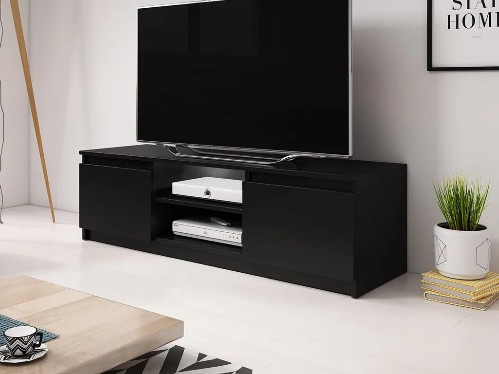 Banc TV LED noir KIKUKO meuble de rangement multimédia design moderne