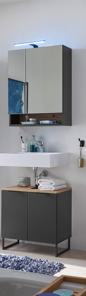 Badezimmer-Set >Denver< (2-tlg.) in schwarz / Evoke Eiche Nachbildung - 60x195x35 (BxHxT)
