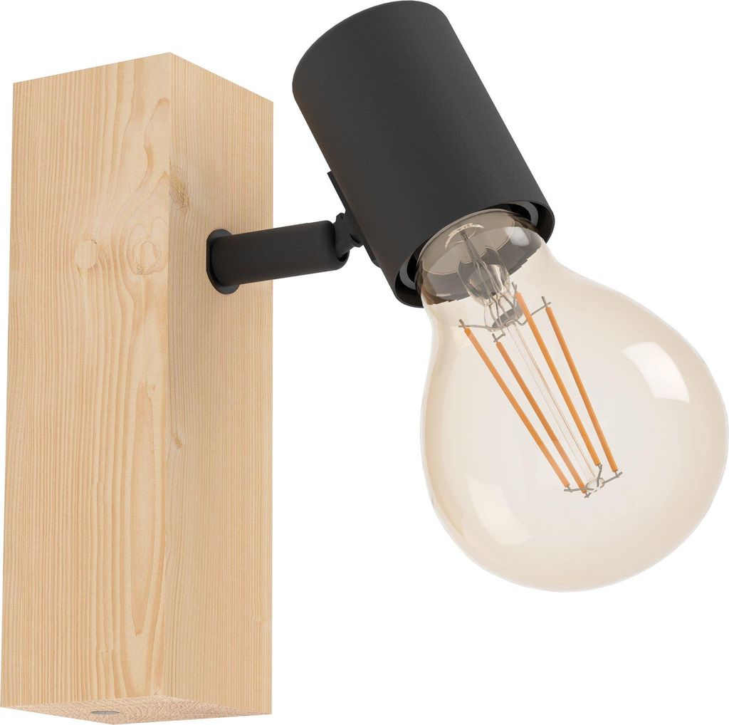 EGLO Wandlampe Townshend 3, Vintage Wandleuchte im Industrial Design, Retro Lampe aus Stahl und Holz, Farbe Schwarz, braun, E27,