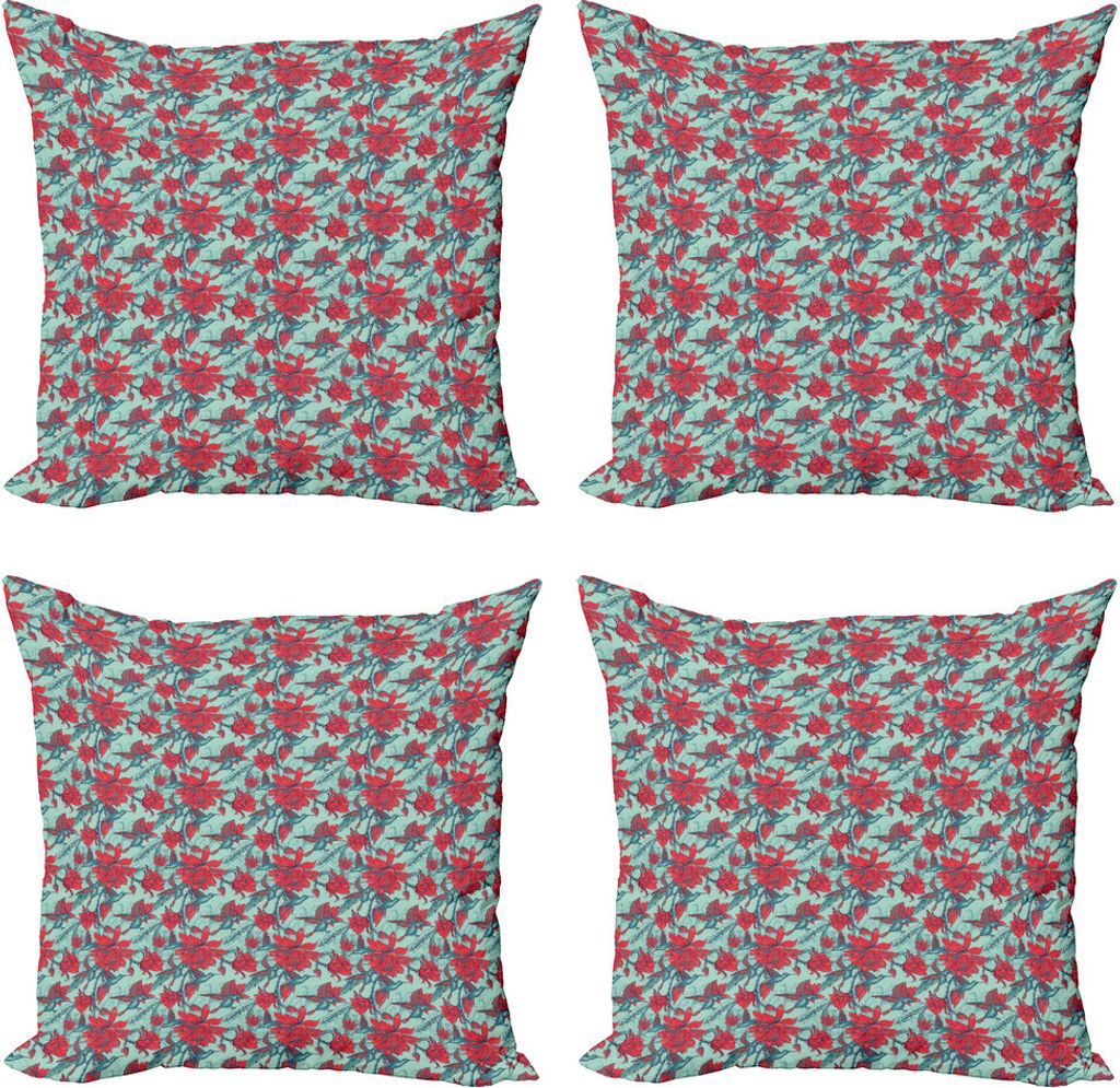 ABAKUHAUS Vogel Kissenbezug Set (4 Stück), Tiere und Blumen-Niederlassungen, Moderner Doppelseitiger Digitaldruck, 60 cm x 60 cm, Vermilion Teal