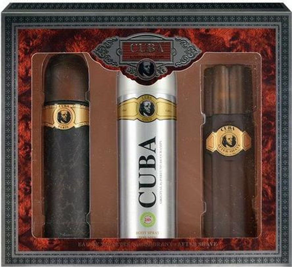 A gift set of Cuba brand men's grooming products, including EDT, aftershave, and deodorant spray, presented in a decorative box.
