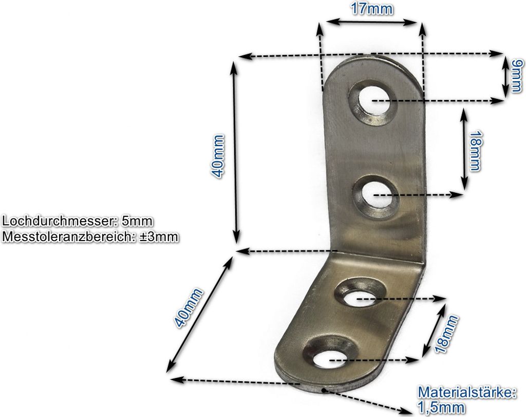 Edelstahl Winkel 40x40x17mm (VE 10Stk) 1x einsetzbar als Lochwinkel, Metallwinkel, Balkenwinkel, Verbinder, Winkelverbinder