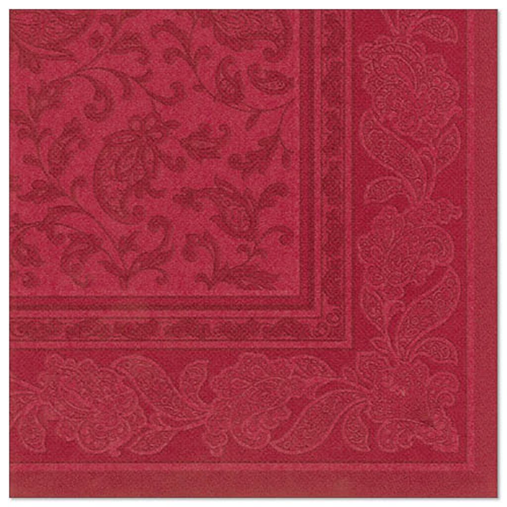 A close-up of a red patterned napkin.