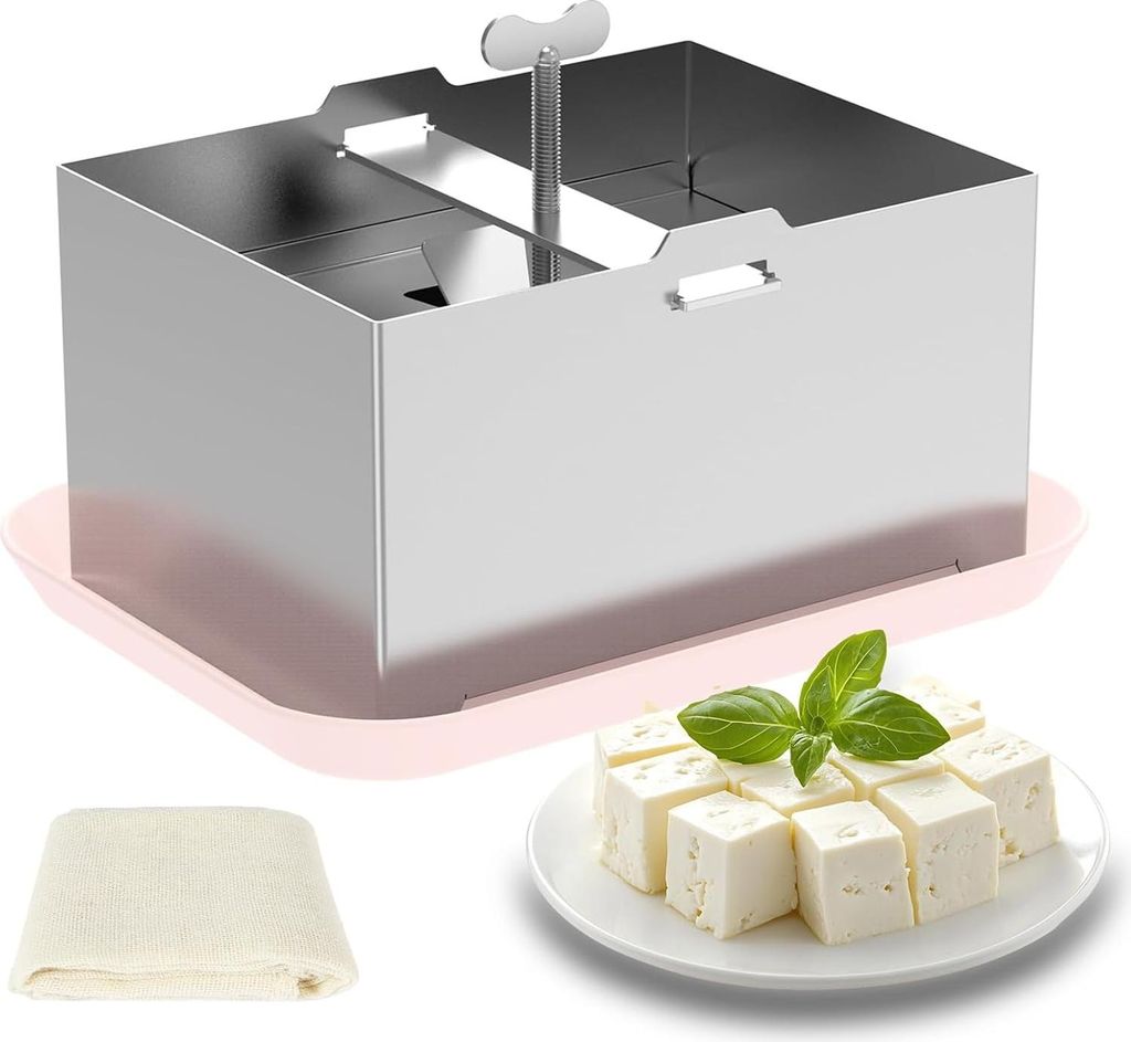Tofupresse aus Edelstahl mit Abtropfschale & Käsetuch, Ideal für selbstgemachten Tofu, Paneer oder Käse, Einfach zu reinigen
