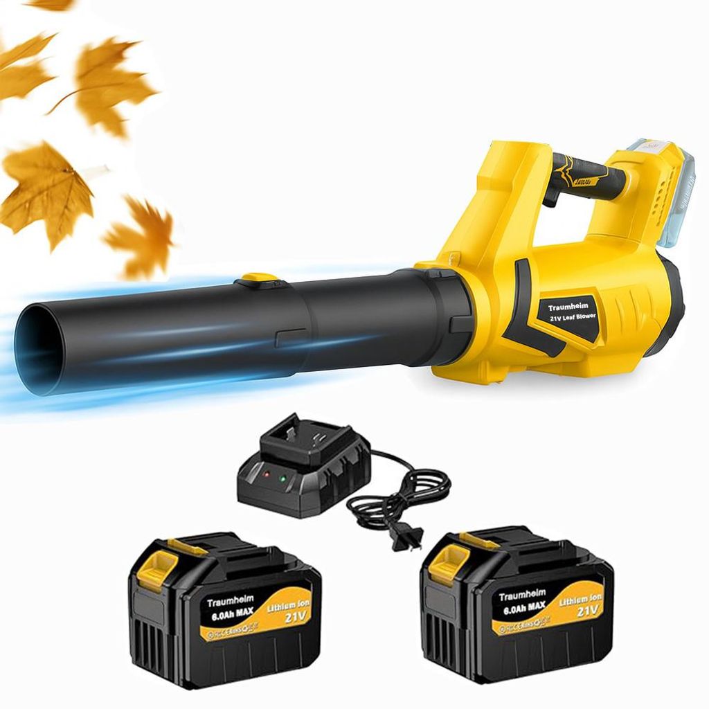 Akku Laubbläser mit 2× 6000mAh Akkus & Ladegerät, 5+1 Turbo-Stufen, Bürstenloser Motor Elektrisches Laubbläser für Garten, Auto & Terrasse