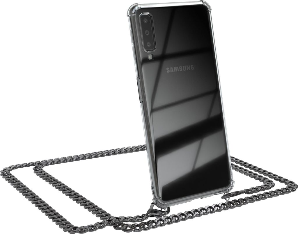 EAZY CASE Metall Handykette für Samsung Galaxy A7 2018, Handyhülle mit Umhängeband, Silikonhülle, Metallkette für Smartphone in Grau