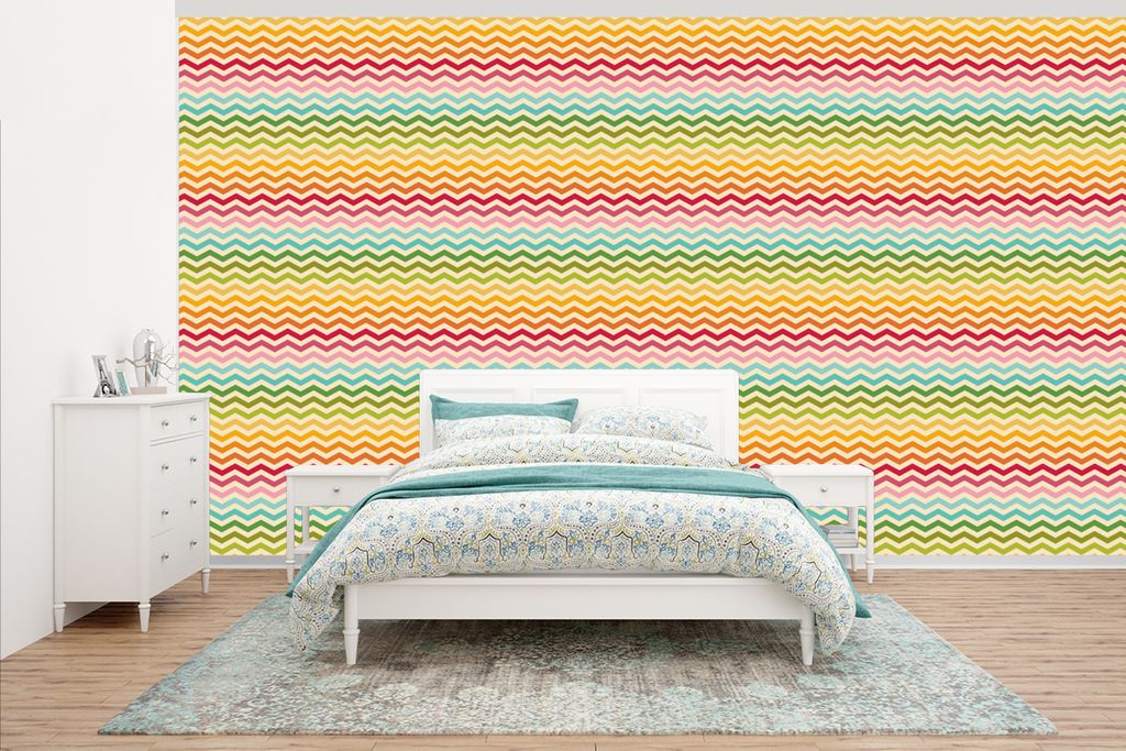 MuchoWow Fototapete für Wohnzimmer oder Schlafzimmer Wandtapete Vinyl Motivtapete Muster - Regenbogen - Retro - 395x220 cm - Tapezier Papier