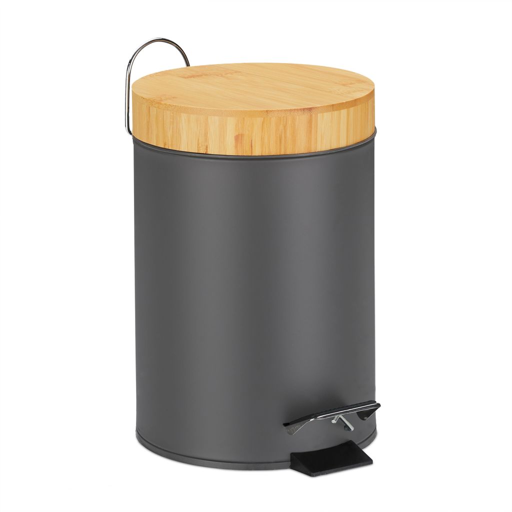 Relaxdays Mülleimer Bad, 3 l, Kosmetikeimer Absenkautomatik, Bambusdeckel, entnehmbarer Inneneimer, Treteimer, grau