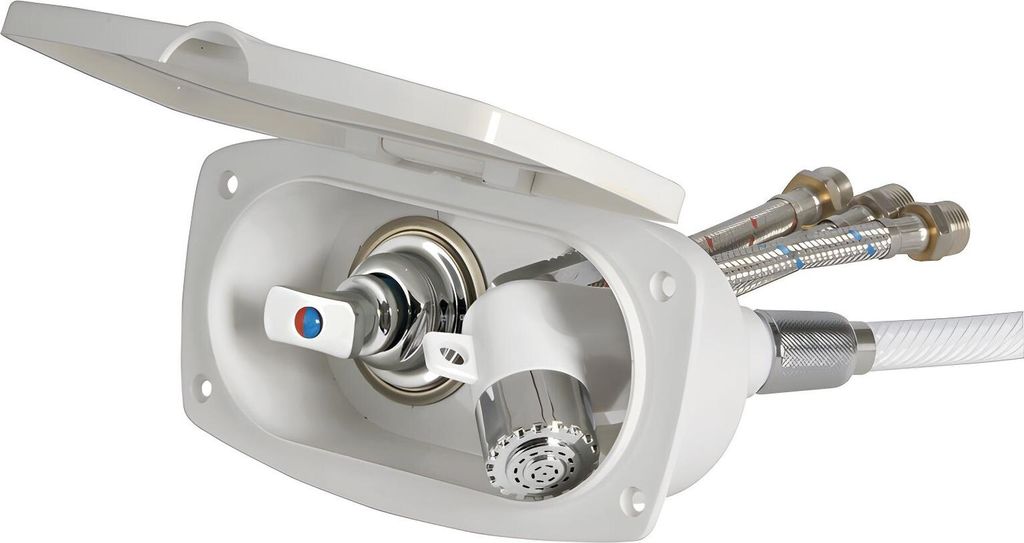 New Edge Duschbox, Camping Dusche mit Mischbatterie & Druckknopf Duschkopf Messing verchromt, versch. Modelle, Outdoor Wohnmobil Boot Yacht Größe...