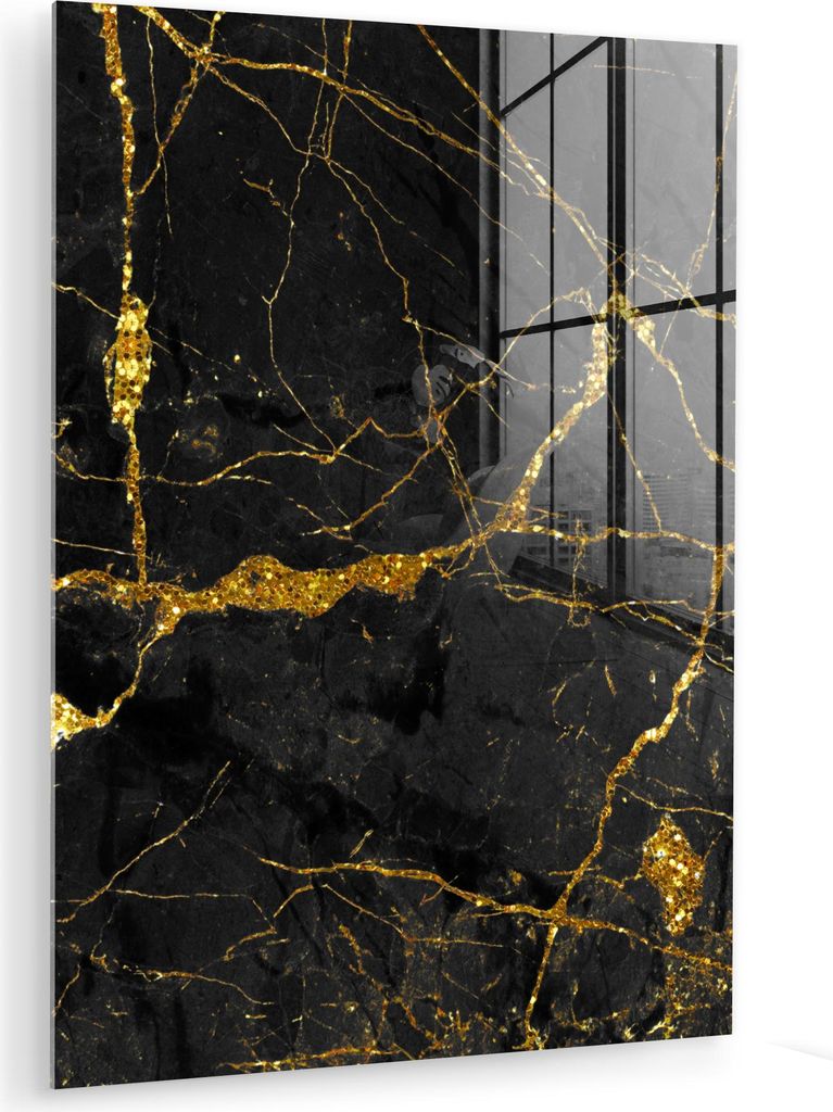 MuchoWow Glasbilder - Bilder auf Wandbild - Foto auf Glas Marmor - Gold - Schwarz - Marmoroptik - Luxe - Glitzer 30x40 cm Wanddekoration aus Glas -...
