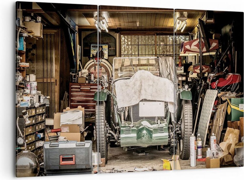 Bild auf Leinwand - Leinwandbild - 3 Teile - Historisch Auto Garage - 105x70cm - Wand Bild - Wanddeko - Wandbilder - Leinwanddruck - Bilder - Wandd...