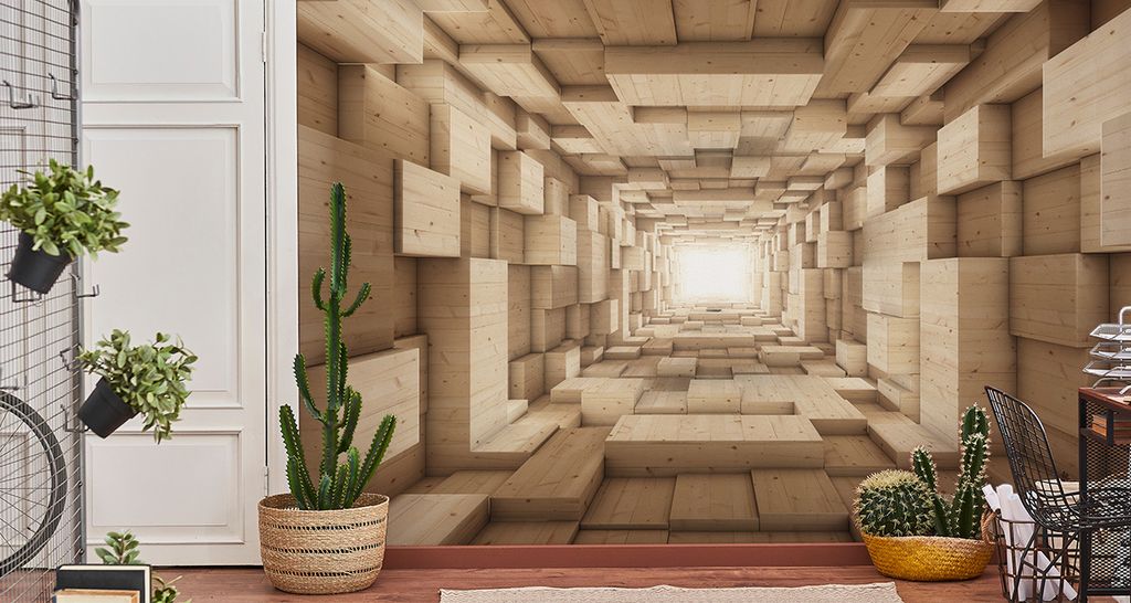 Fototapete Vlies Tapete zauberhafter 3D Tunnel - HOLZMOTIV 270 cm (B) x 180 cm (H) Wandbild Wanddeko