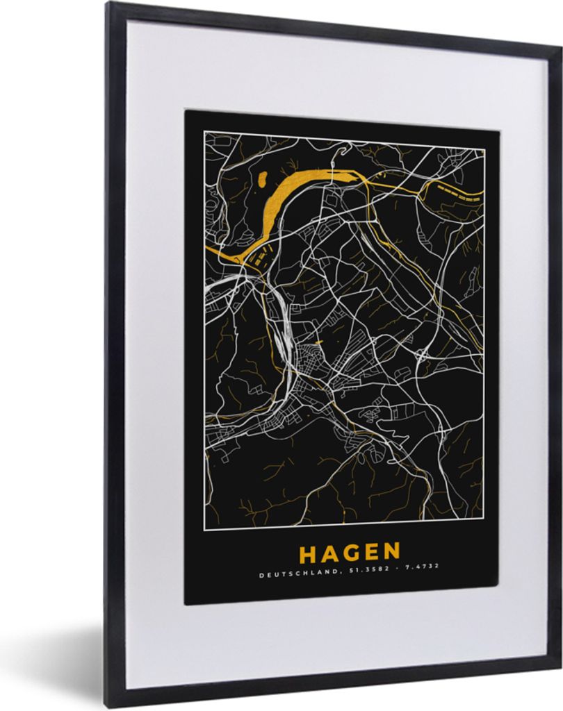 MuchoWow Gerahmtes Poster Hagen - Deutschland - Karte - Gold - Stadtplan 30x40 cm - Poster mit Schwarzem Bilderrahmen Wandposter Rahmen Foto Bild...