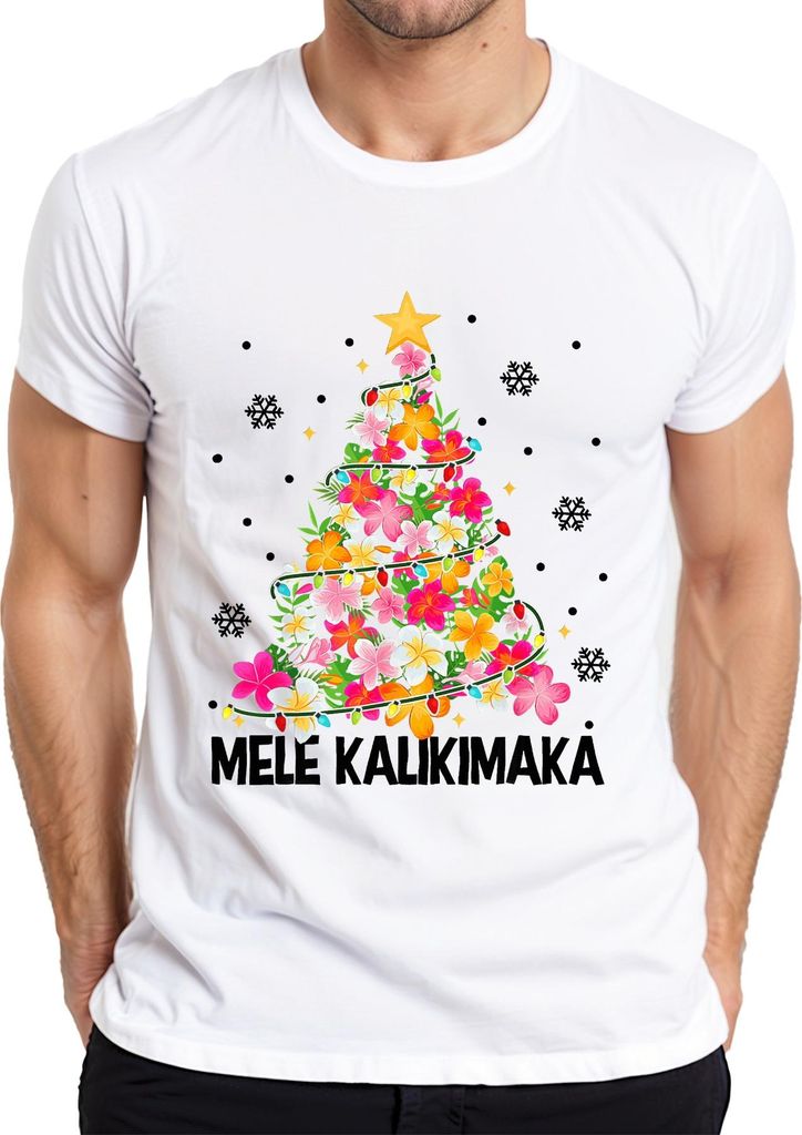 MELE KALIKIMAKA Hawaiian Weihnachten Plumeria Tropisch Strand Herren T-Shirt, Weiß, S