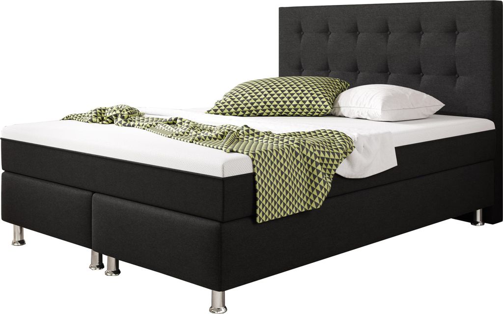 Boxspringbett Köln Plus 140x200 cm Webstoff Schwarz mit Produktbild 