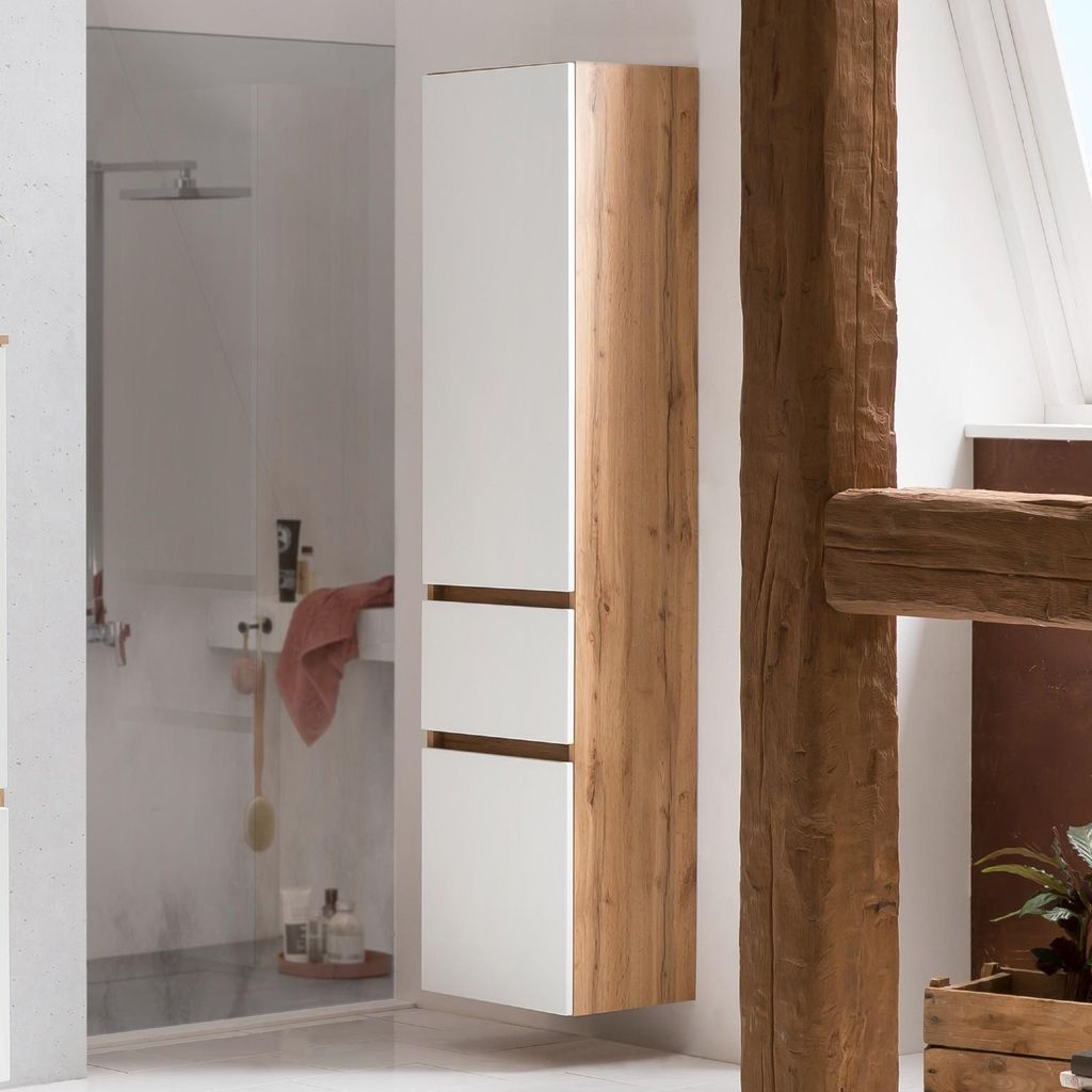 Badezimmer Bad Schrank Hängeschrank Kopenhagen 40 cm breit in weiß matt / Eiche Nachbildung mit 2 Türen und 1 Schublade