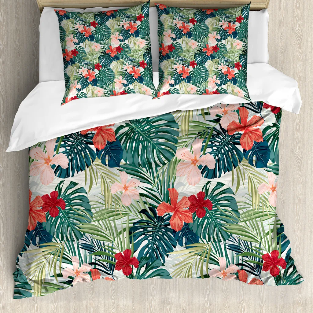 ABAKUHAUS Copripiumino, crêpe naturale con motivo floreale Ginger, antiacaro, adatto a chi soffre di allergie, con federe, 155 cm x 220 cm - 80 x 80 cm, verde scuro
