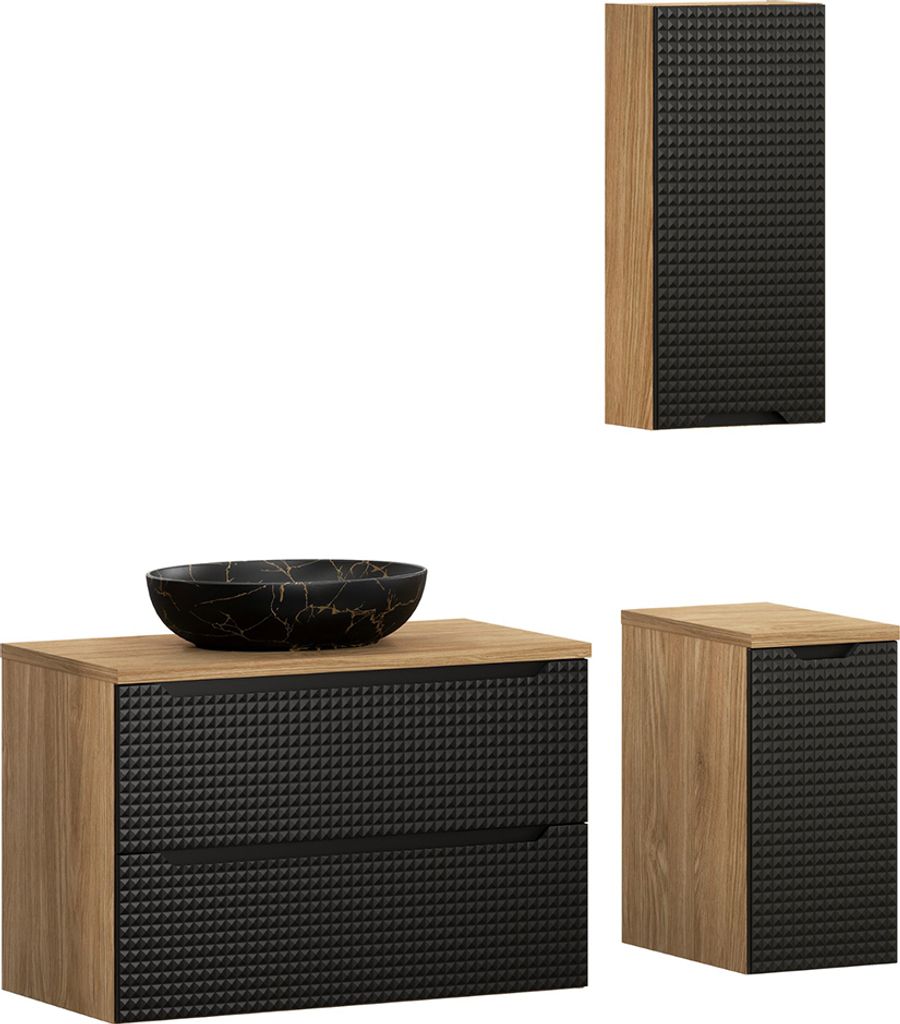 Badmöbel Set 3-teilig mit 90 cm Waschtisch in Eiche mit schwarz, LONDON-56-BLACK