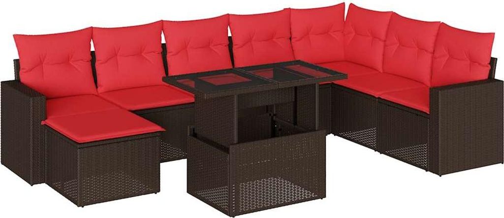 9-teiliges Gartensofa-Set mit Kissen, braun, Polyrattan