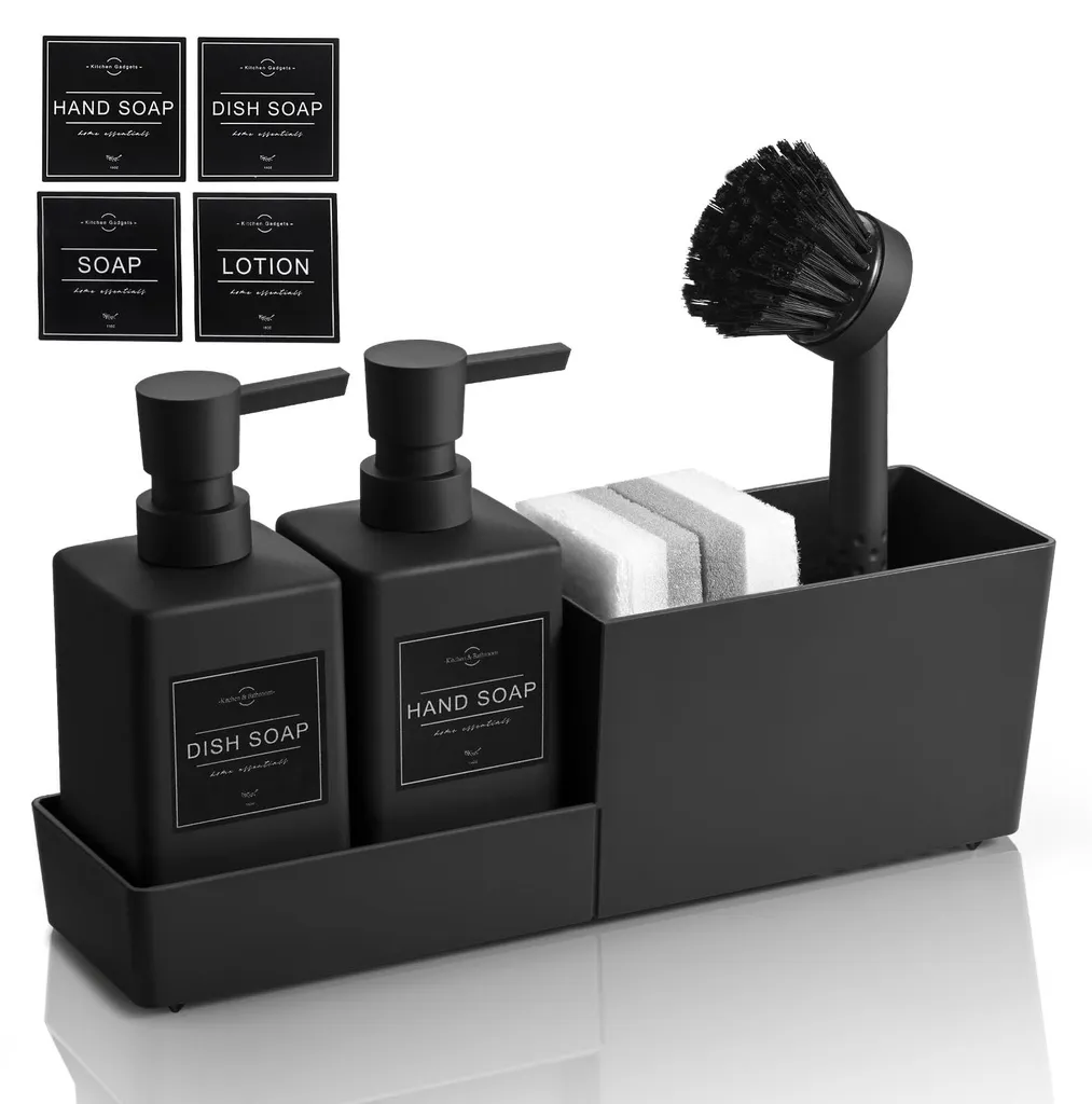 Organiseur d'évier cuisine noir avec distributeur savon et brosse vaisselle