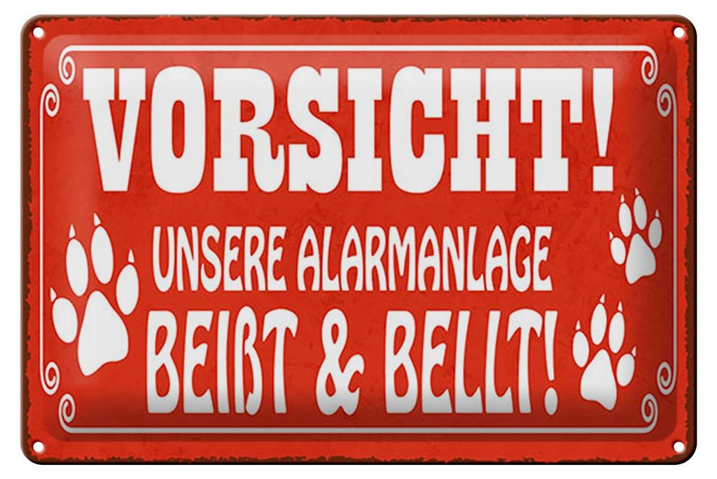 Blechschild Spruch 12x18 cm Vorsicht Alarmanlage beißt und bellt Deko Schild