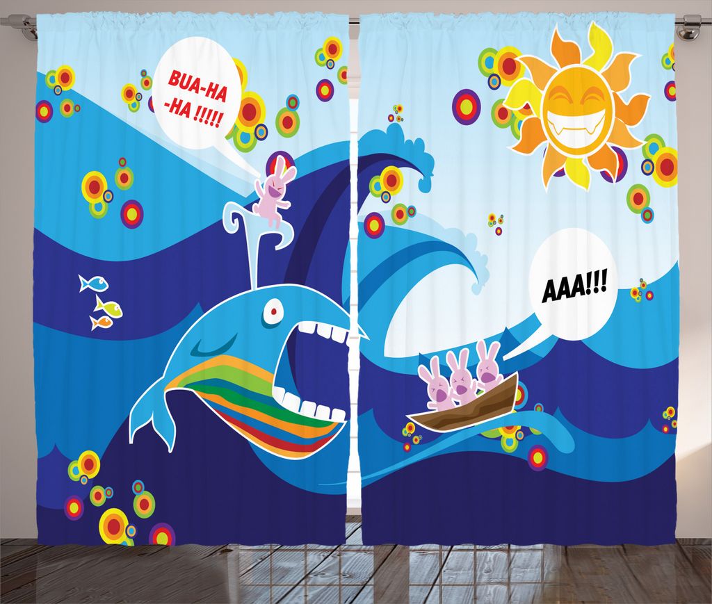ABAKUHAUS Karikatur Rustikaler Gardine, Wal Fisch-Kaninchen Sun, Schlafzimmer Kräuselband Vorhang mit Schlaufen und Haken, 280 x 175 cm, Mehrfarbig