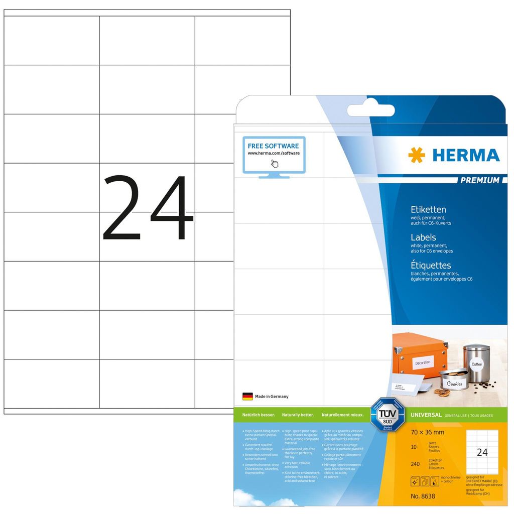 Etiketten Premium A4, weiß 70x36 mm Papier matt 240 St.