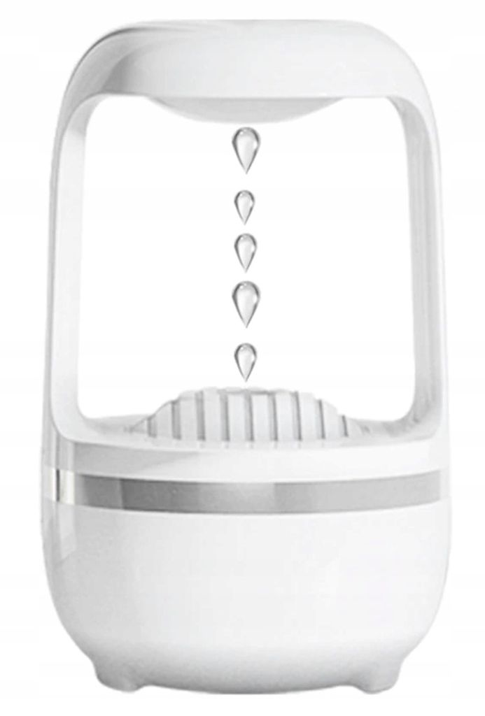 A white ultrasonic humidifier with a minimalist design, showing water droplets falling from the top into the base.