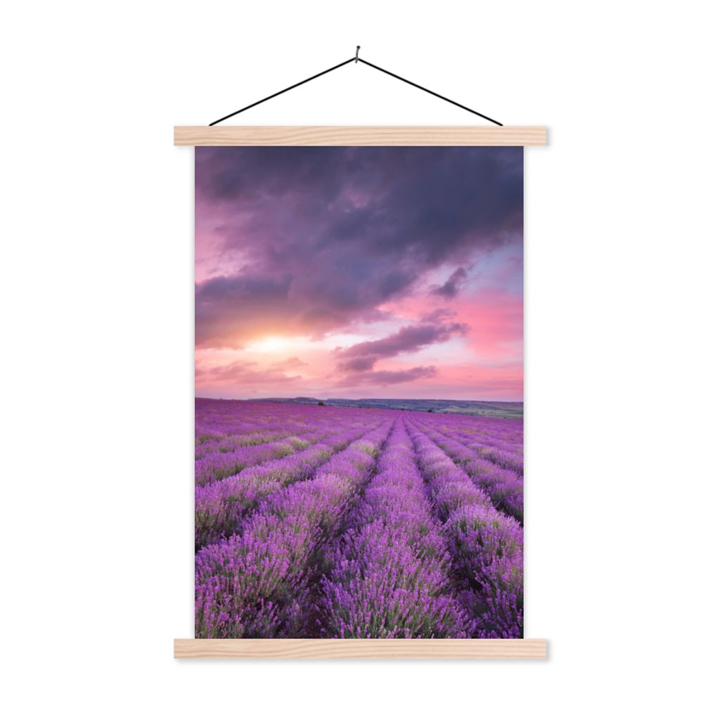 MuchoWow Textilposter Lavendel - Lila - Wolken - Blumen 60x90 cm mit holzfarbenen Rahmen - Textil