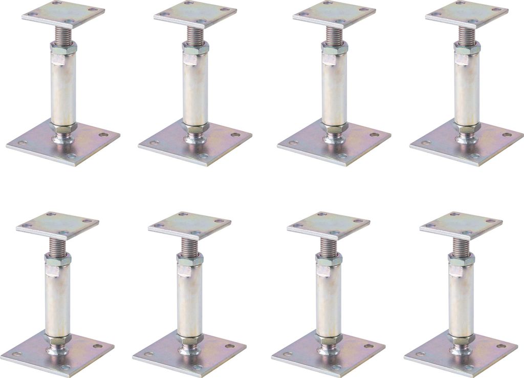 Eight adjustable post supports are arranged in two rows of four on a white background.