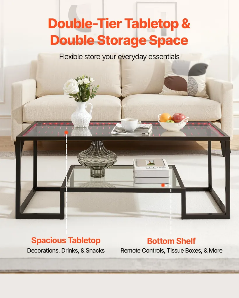 Table Basse Design avec Éclairage LED et Double Plateau Verre Noir - 4