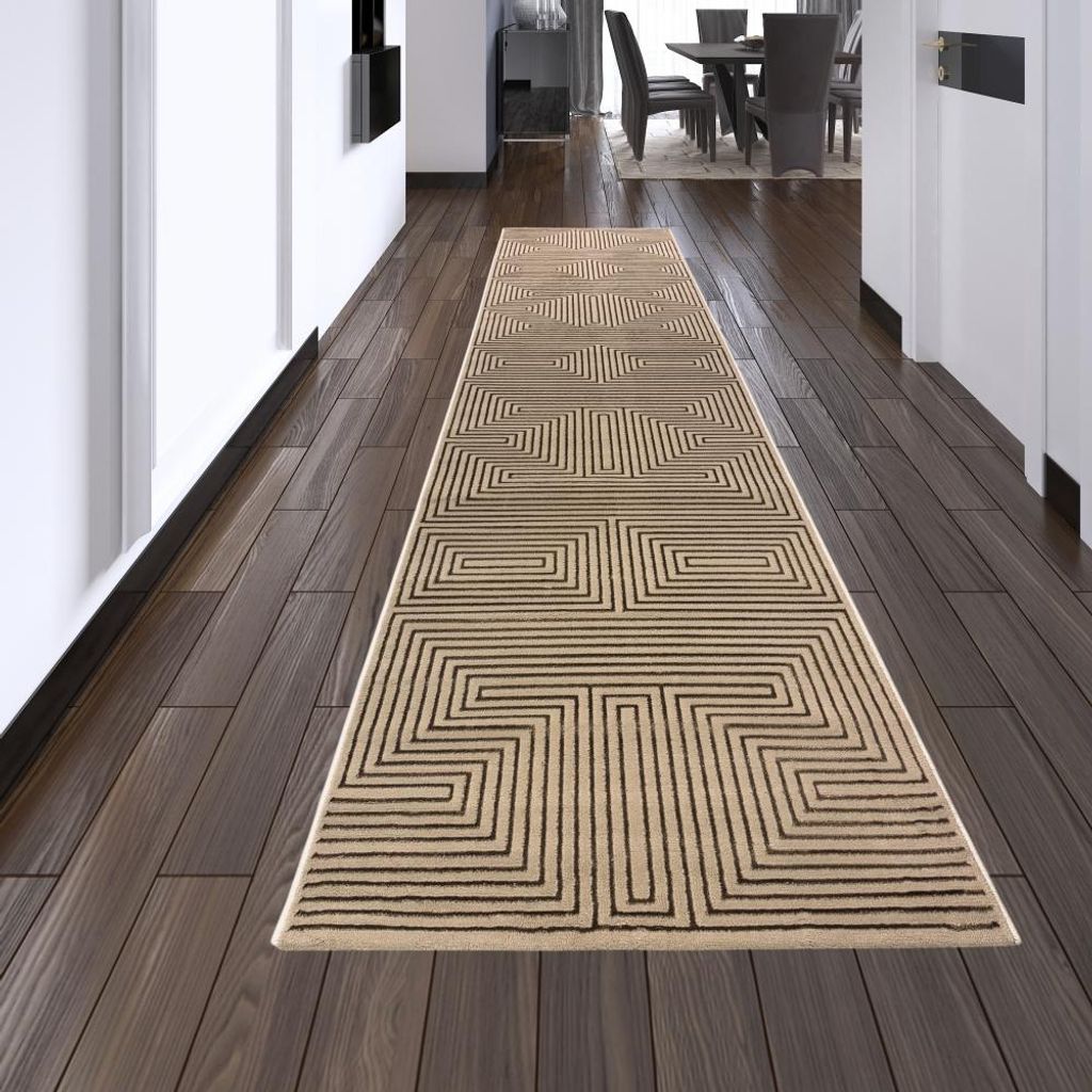 Moderner Kurzflorteppich Beige geometrisches Design mit Glanzstruktur für Wohnzimmer Schlafzimmer und Flur Größe - 80 x 300 cm