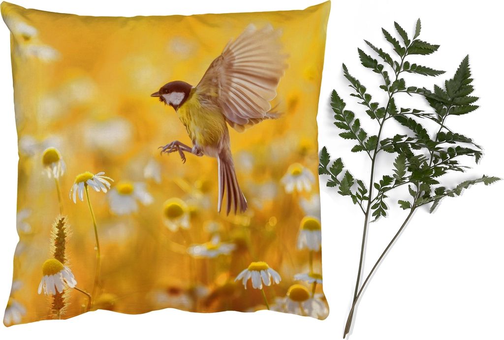MuchoWow Zierkissen Sofakissen Wohnzimmer Dekokissen 50x50 cm Vogel - Kohlmeise - Blumen - Gänseblümchen - Komfort - Sofakissen