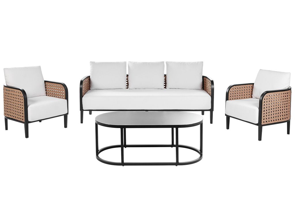 BELIANI Gartenlounge Set mit Tisch 5-Sitzer Schwarz Aluminium Auflagen Cremeweiß Wiener Geflecht Modern Terrasse Balkon Outdoor Gartenzubehör