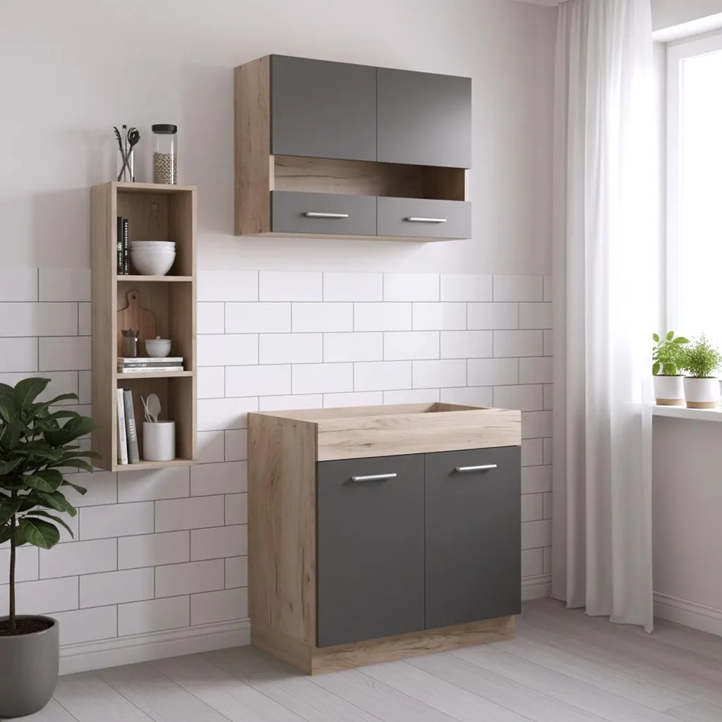 Cuisine compacte 80 cm gris mat et chêne - Rangement en verre et bois