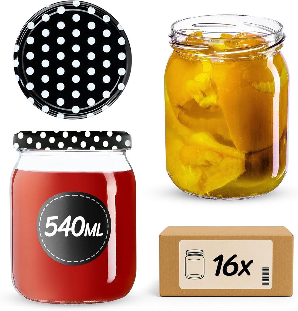 KADAX Einmachgläser mit Deckel "Senna", Marmeladengläser, Einweckgläser, 540 ml, Schwarz gepunktet, 16 Stück