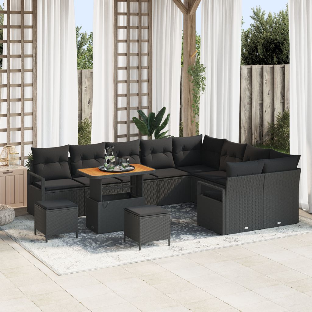 Desgin 12-teiliges Garten Sofa Set mit Kissen Schwarz Poly Rattan Akazie - Gartensofas 3364514