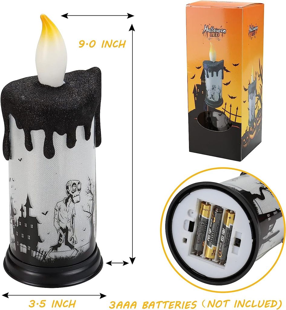6 LED Stabkerzen Für Halloween – Flammenlos Mit Geist, Kürbis & Fledermaus-Motiven (27,5 Cm)