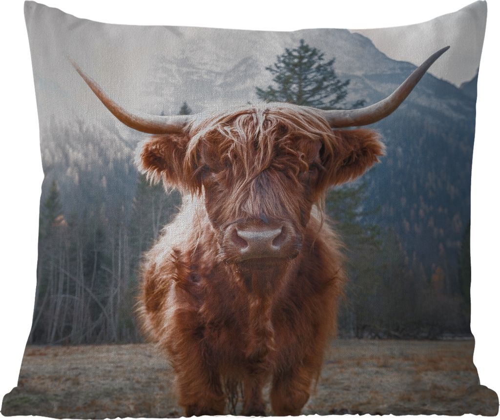 MuchoWow Outdoor Kissen - Schottisches Hochlandrind - Kuh - Tiere - Berg - Natur - 50x50 cm - Wetterfest - Lounge Kissen - Komfortabel - Kissen m...