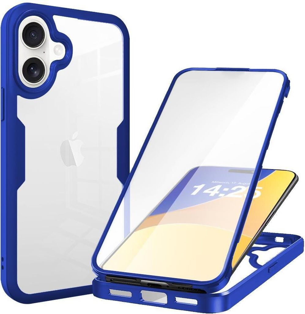 360 Grad Handyhülle für Apple iPhone 16 Full Cover Rundum Schutz Farbe: Blau