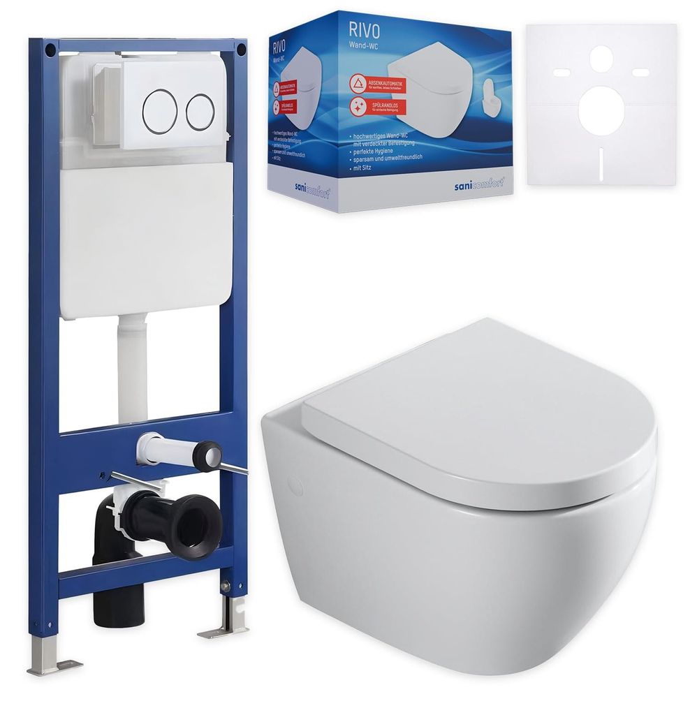 sanicomfort Wand WC-Set Rivo + Vorwandelement inkl. runder Betätigungsplatte | Unterputz-Komplettset mit 2-Mengen-Spülung | modernes & pflegeleic...