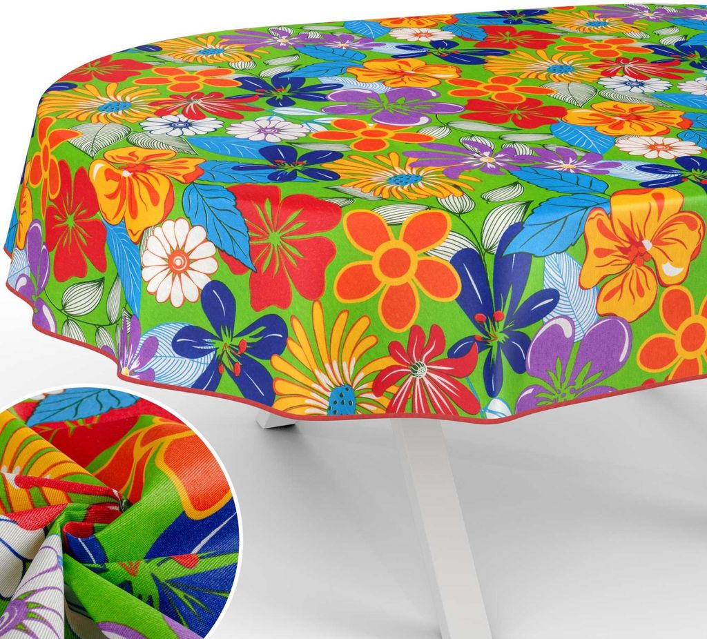 Tischdecke Blumen mit Blumen Botanik aus Stoff Tischwäsche mit Beschichtung Tischtuch Popart Bunt Oval Breite 140cm Länge 280cm mit Paspelband