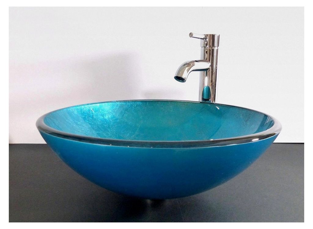 Glas Waschbecken Aufsatz rund blau 42cm
