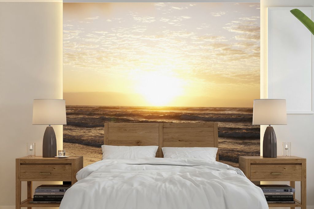 MuchoWow Fototapete für Wohnzimmer oder Schlafzimmer Wandtapete Vinyl Motivtapete Sonne - Meer - Strand - 220x220 cm - Tapeten